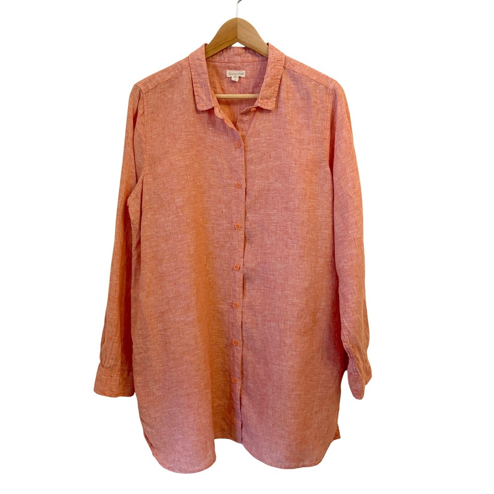 Garnet Hill Linen Tunic Shirt Womens M Coral Orange Long Sleeve Button